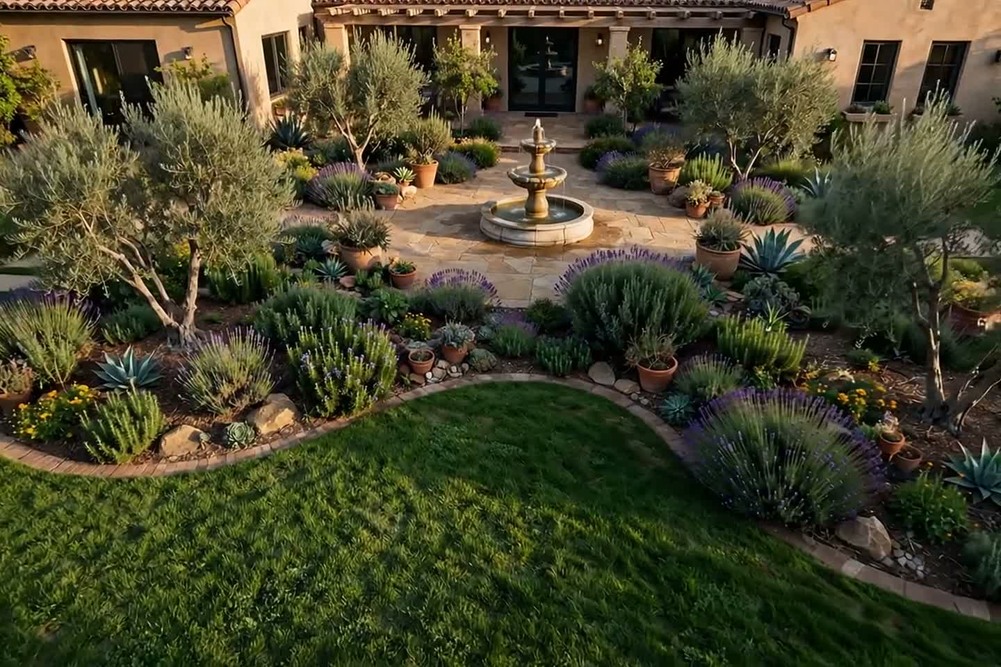 Aerial drone view over a finished California property with green lawns, a paver patio and a fountain